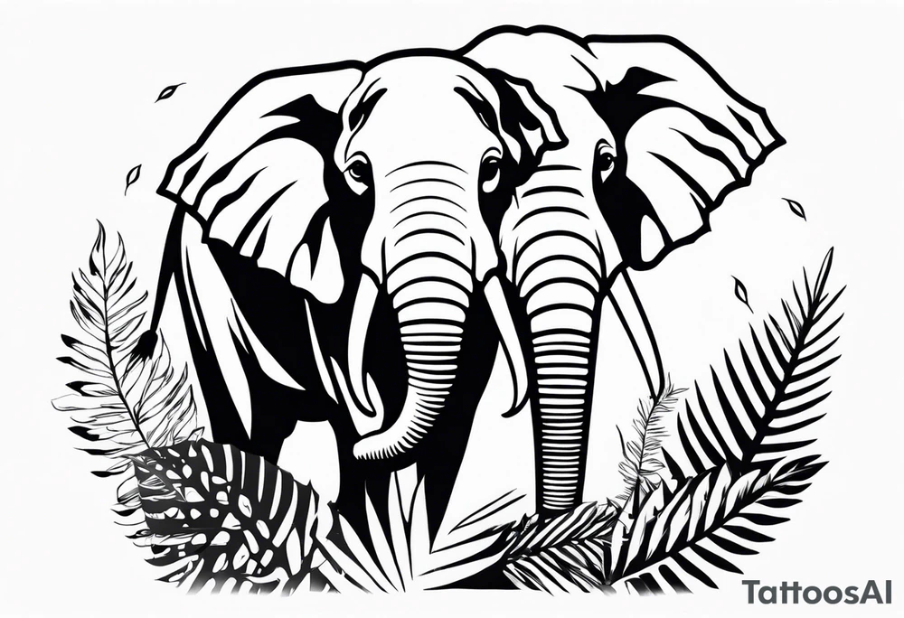 “A majestic elephant with its trunk raised, surrounded by tropical foliage, symbolizing memory and strength tattoo idea