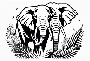 “A majestic elephant with its trunk raised, surrounded by tropical foliage, symbolizing memory and strength tattoo idea