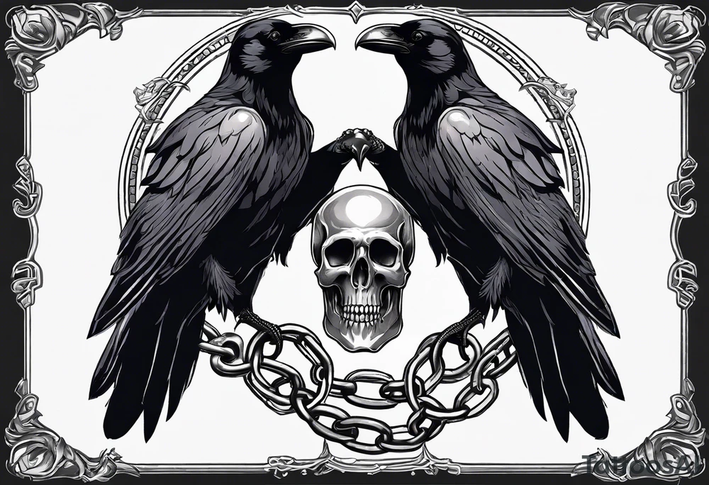 A raven with two skulls hanging from its talons by an old chain tattoo idea