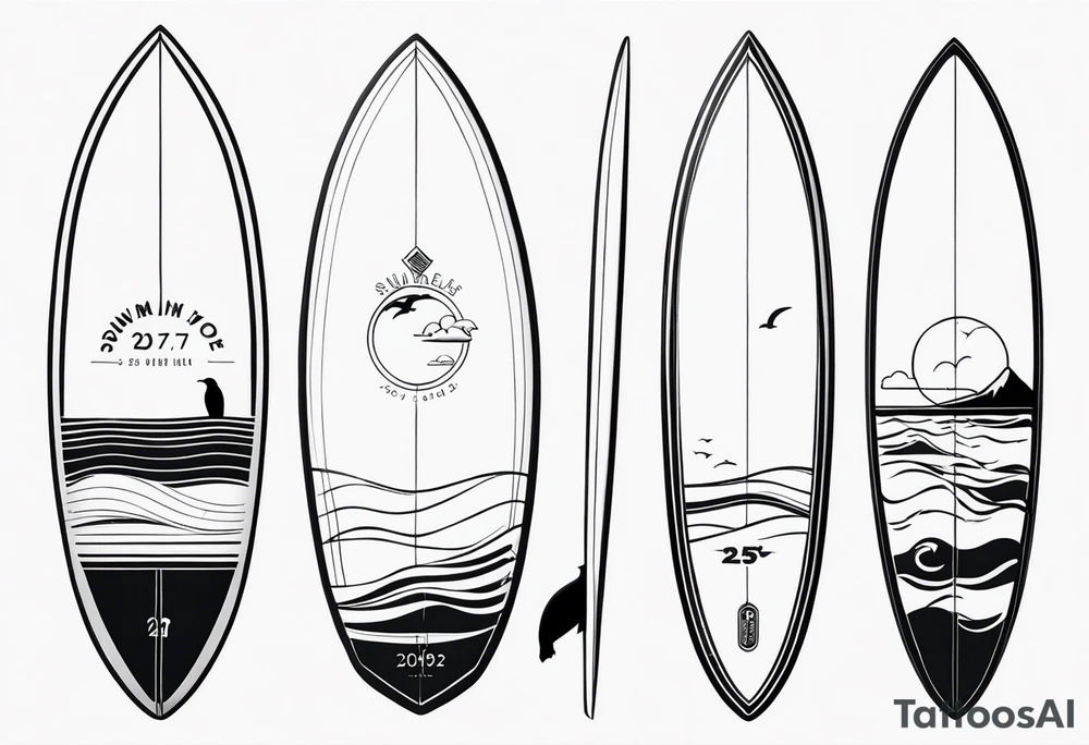 Surfboard outline with a penguin inside and the date 25/07 tattoo idea