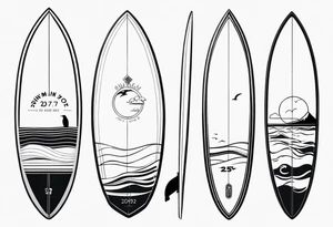 Surfboard outline with a penguin inside and the date 25/07 tattoo idea