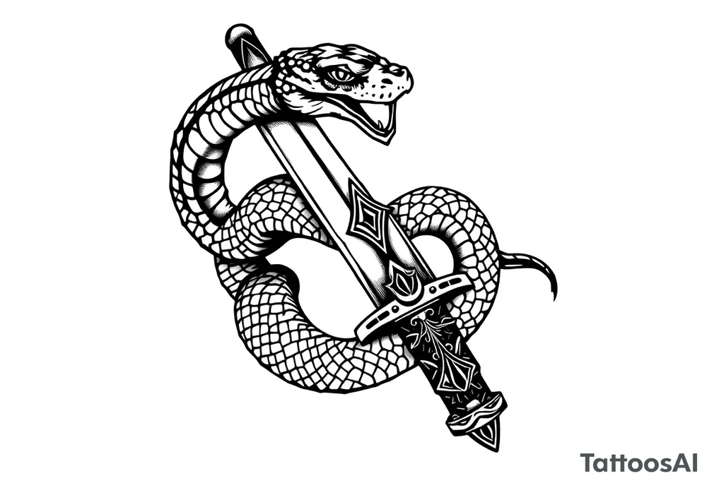 mystical snake coiled around an ancient dagger with jeweled hilt tattoo idea