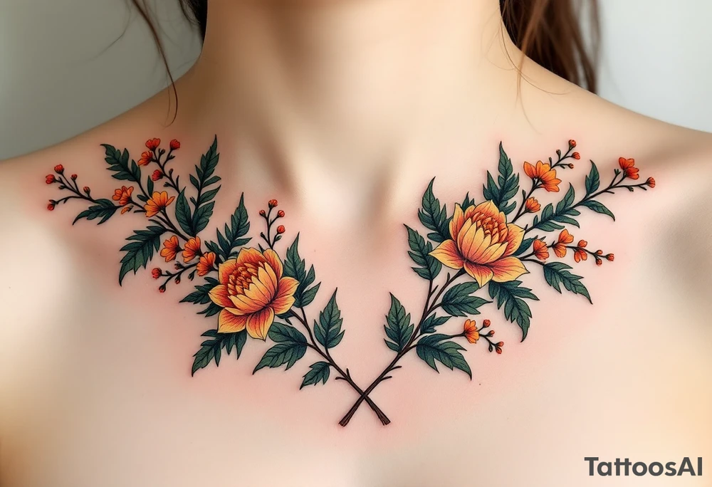 Two separate collarbone tattoos of long, stems and branches covered with red, orange, yellow and dark forest green leaves and flowers, academia, witchy, muted, delicate and gentle but moody, long and thin, following the collarbone. More muted, not so bright, darker colors. Fewer amount of leaves, larger leaves tattoo idea