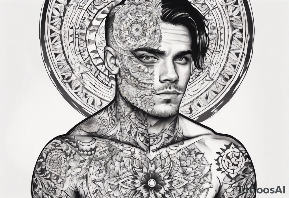 man with tattoos on both arms. from shoulder to elbow , each tattoo with beautiful women mixed with mandalas tattoo idea