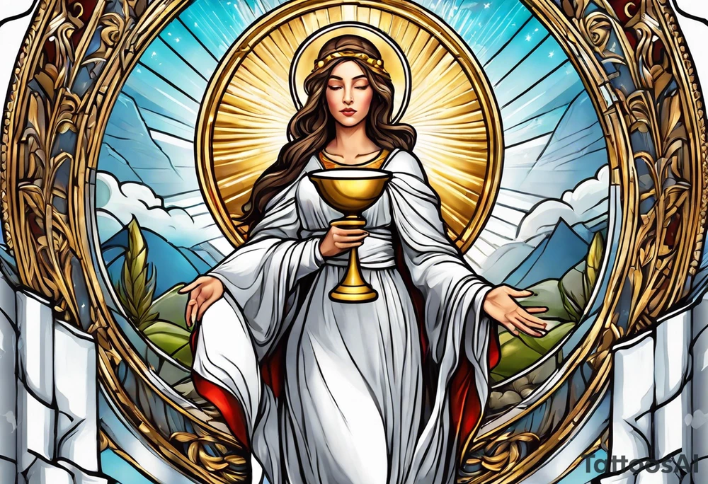 holy saint woman turned away with golden halo holding a chalice tattoo idea