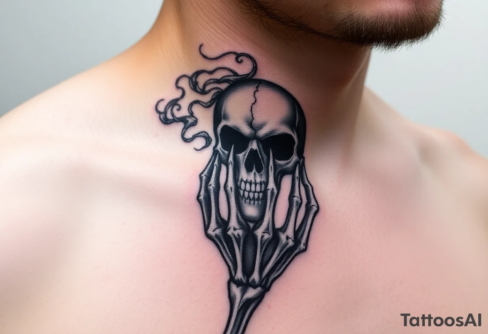 A skeletal hand holding a cracked Death Eater mask, with mist swirling around it, symbolizing secrecy and power tattoo idea
