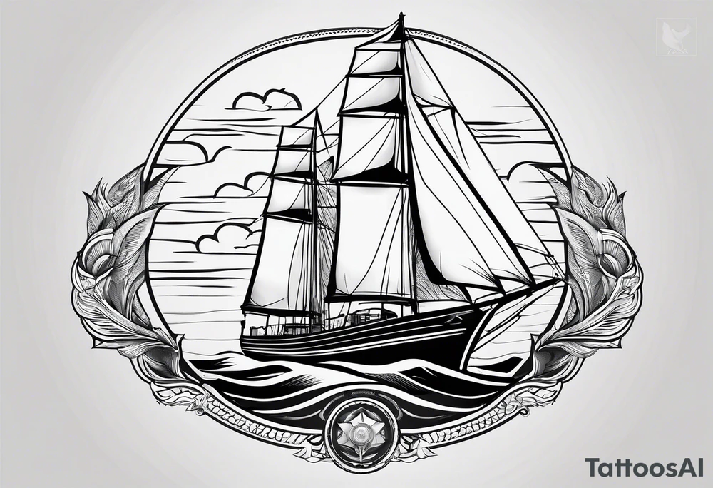 sailboat seen from the front. sail in the shape of a maritime lighthouse.phoenix drawn on the sail. tattoo idea