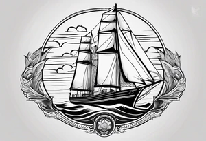 sailboat seen from the front. sail in the shape of a maritime lighthouse.phoenix drawn on the sail. tattoo idea
