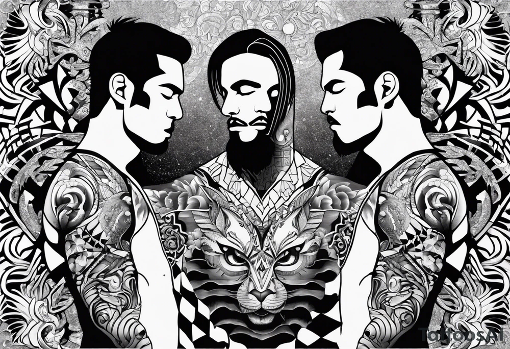 Men's chest tatto with two psychedelic entities facing each other tattoo idea