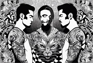 Men's chest tatto with two psychedelic entities facing each other tattoo idea