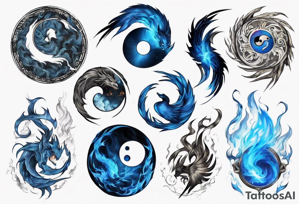 Blue fire mix with ying and yang symbol tattoo idea