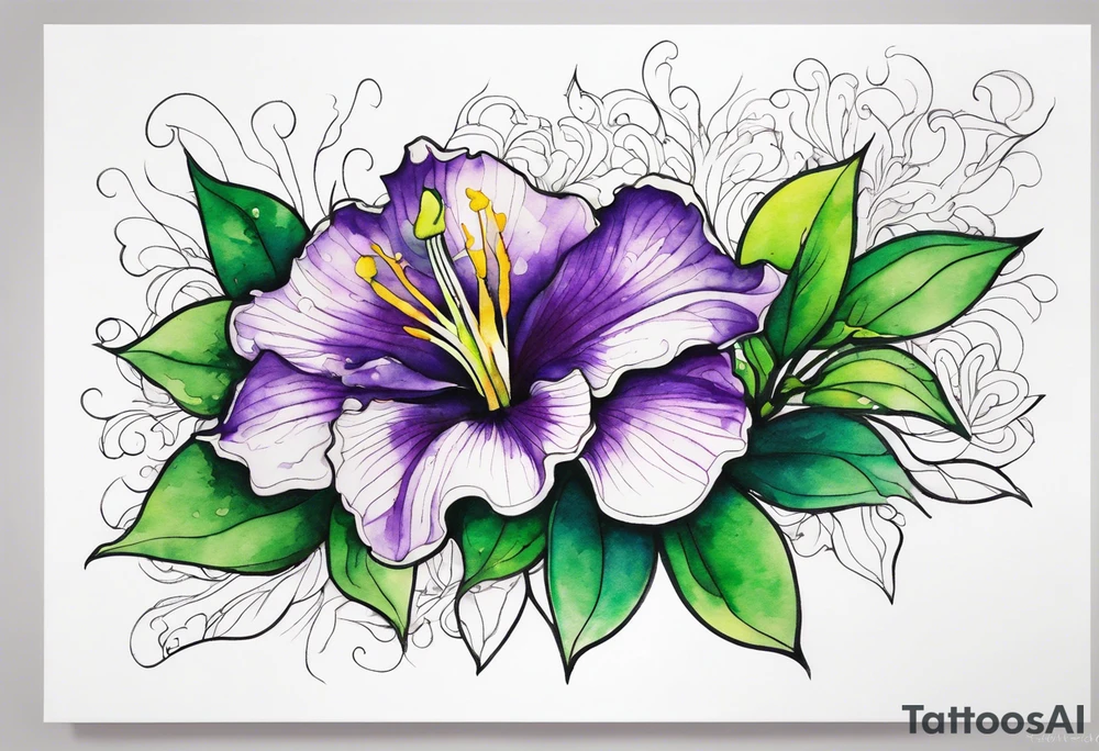 An outline of a rio dipladenia flower with green/purple pedals and a green/purple watercolor splash in the background tattoo idea