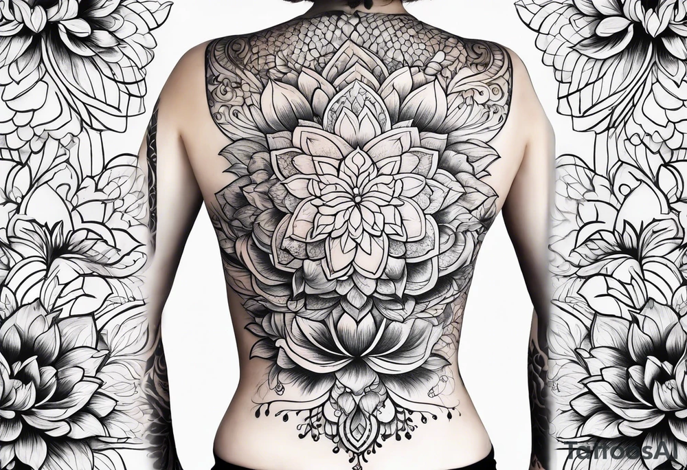 Tiny  Floating lotus upper back with florals and henna to each shoulder tattoo idea