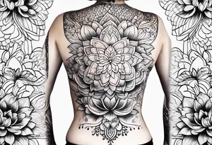 Tiny  Floating lotus upper back with florals and henna to each shoulder tattoo idea