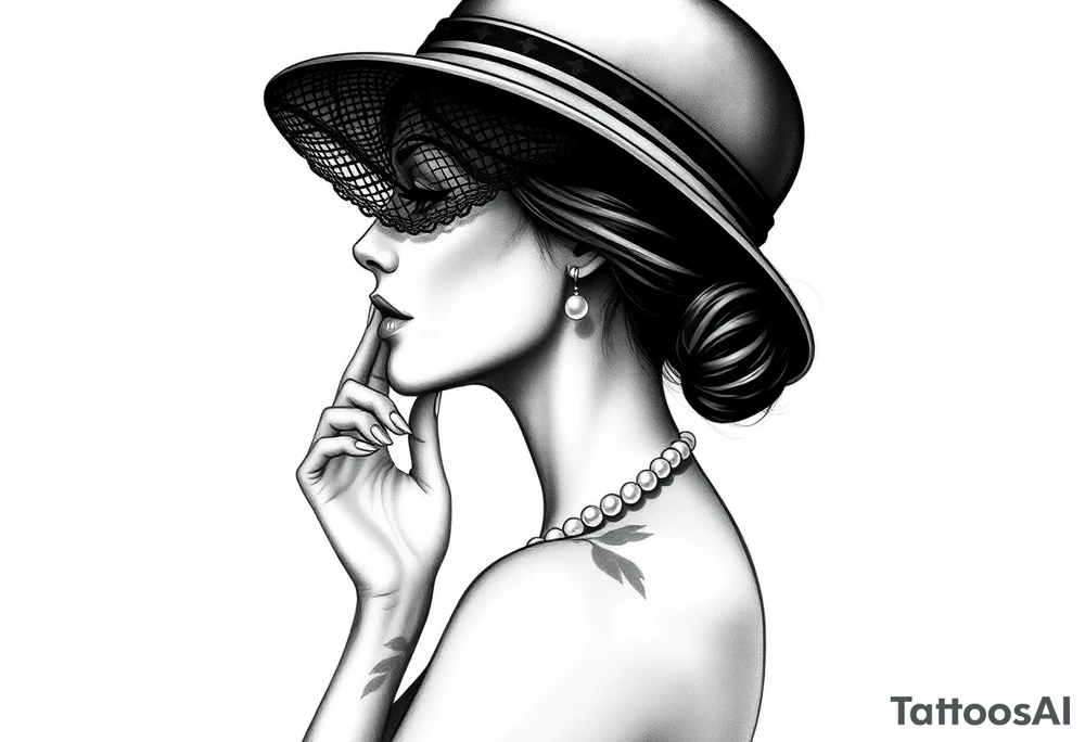 Black and white profile of woman with chin pressed on hand, hat with lace covering her eyes as she looks to the distance, biting pearl necklace tattoo idea