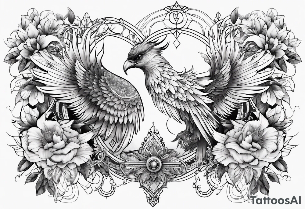 Sleeve with Libra and Phoenix with flowers tattoo idea