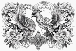 Sleeve with Libra and Phoenix with flowers tattoo idea