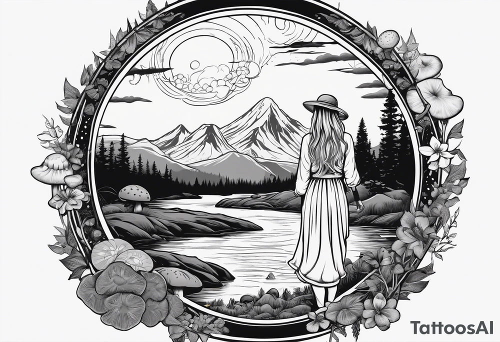 Whole picture encircled fully

Straight long blonde hair hippie girl in distance holding mushrooms in hand facing away toward mountains and creek surrounded by mushrooms long sleeve shirt and hiking pants; whole rendering within a full circle, no cut off circle tattoo idea