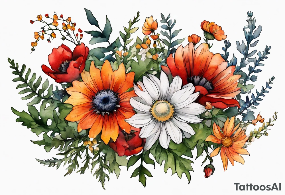 simple wildflowers cascading with thistles, ferns, white anemones, sun flowers, red flowers, black flowers, buttercups, orange flowers, babys breath and daisies all in watercolor tattoo idea