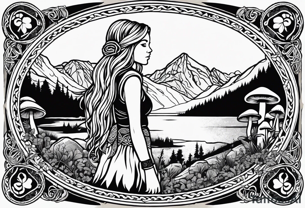 Whole picture encircled fully

Straight long blonde hair hippie girl in distance holding mushrooms in hand facing away toward mountains and creek surrounded by mushrooms long sleeve shirt and hiking pants; whole rendering within a full celtic circle border, no cut off circle tattoo idea