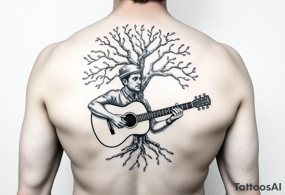 Man playing acoustic guitar underneath tree of life tattoo idea