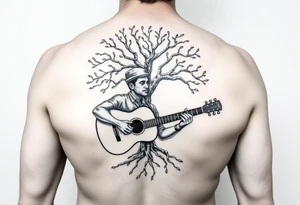 Man playing acoustic guitar underneath tree of life tattoo idea
