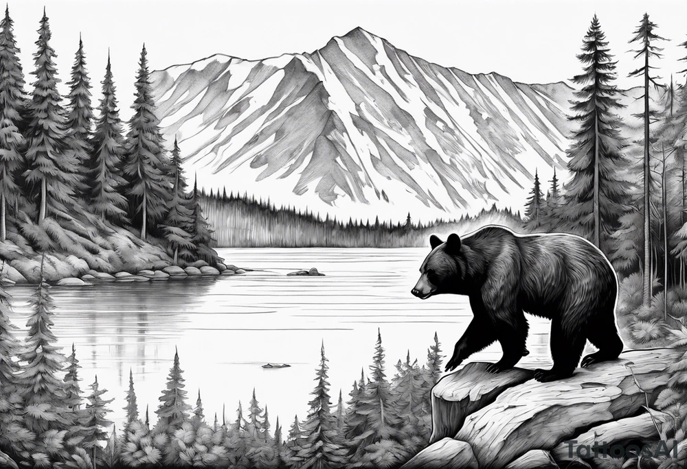 black bear over a forest with a lake below, full sleeve tattoo idea