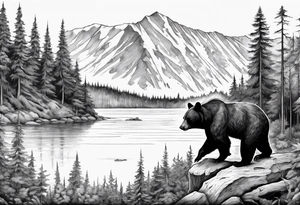 black bear over a forest with a lake below, full sleeve tattoo idea