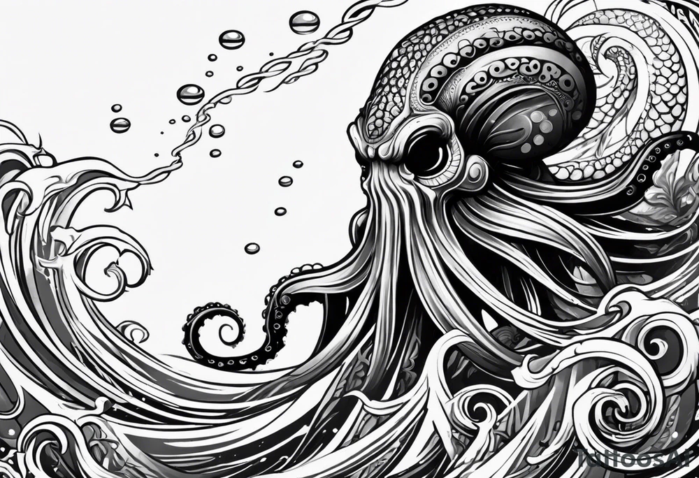 Tribal half sleeve. octopus surrounded by ribbons of water waves filled with fish. the octopus has no eyes. Use thick lines only with less detail. tattoo idea