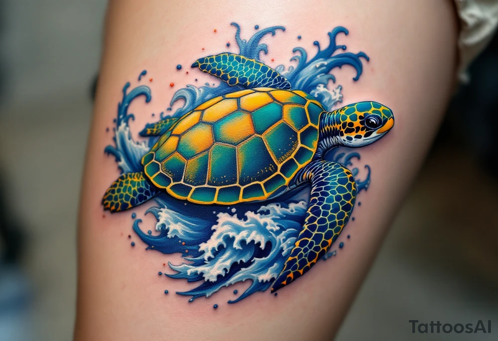 A detailed sea turtle tattoo with a jade-green and deep teal shell patterned with golden hexagons, swimming through swirling blue ocean waves with soft white highlights and tiny coral-red accents. tattoo idea
