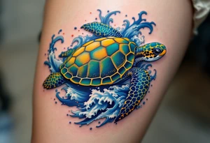 A detailed sea turtle tattoo with a jade-green and deep teal shell patterned with golden hexagons, swimming through swirling blue ocean waves with soft white highlights and tiny coral-red accents. tattoo idea