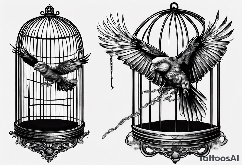 highly detailed bird, Lynyrd Skynyrd,
flying from unlocked cage tattoo idea