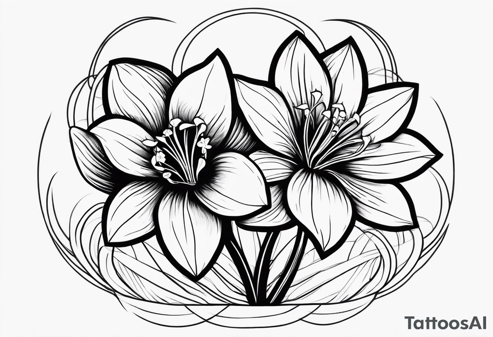 Black line work, delicate, small narcissus flower with stem, add cursive uppercase I, finger tattoo tattoo idea