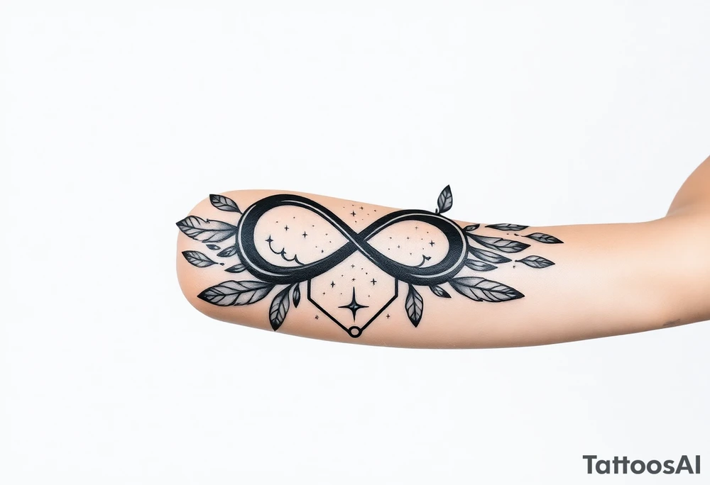 infinity symbol woven with floating feathers and stardust tattoo idea