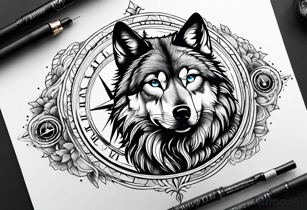 Wolf over toddle face with compass tattoo idea