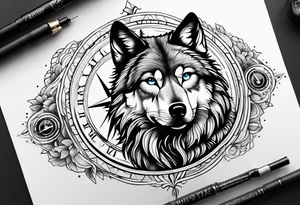 Wolf over toddle face with compass tattoo idea