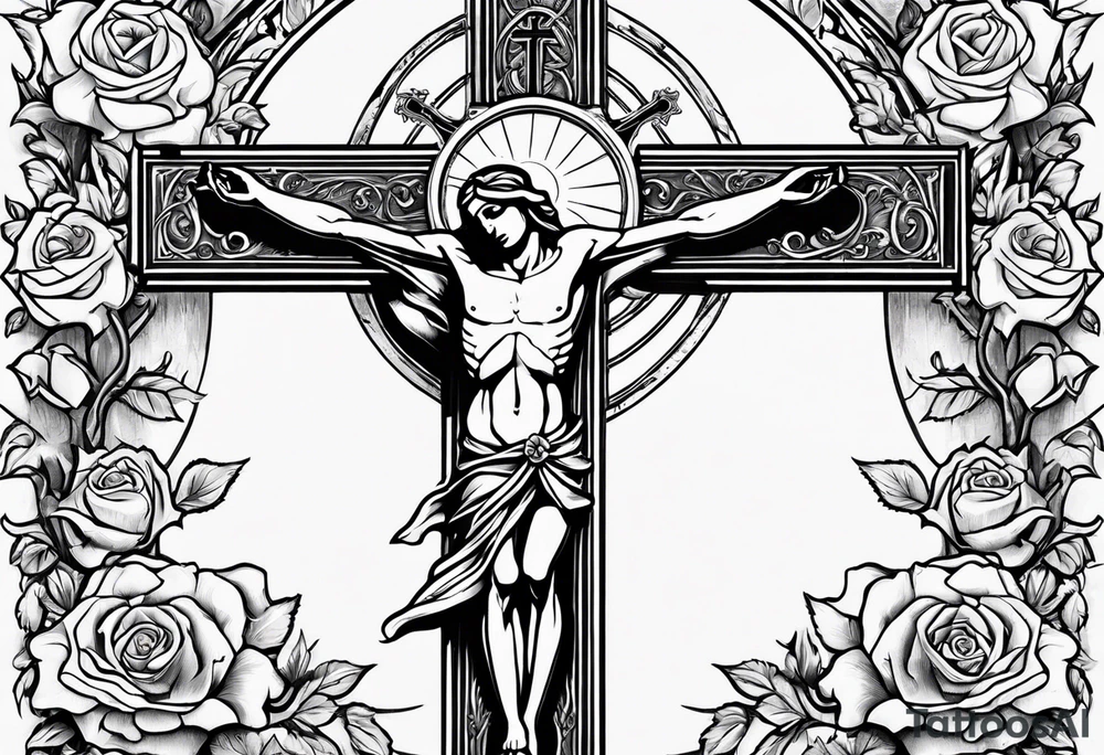 crucifix with vines and roses growing around it and sun beams coming from it tattoo idea