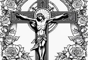 crucifix with vines and roses growing around it and sun beams coming from it tattoo idea