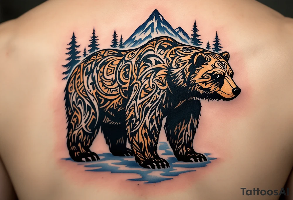 A powerful, majestic bear tattoo with a deep black and brown color palette. The bear is depicted in a standing position, symbolizing strength and protection, with intricate tribal patterns subtly etched along its body, representing its spiritual connection to the earth. TAround the bear, mountain peaks and pine trees form a natural, serene backdrop, while delicate blue mist rises from the ground, tattoo idea