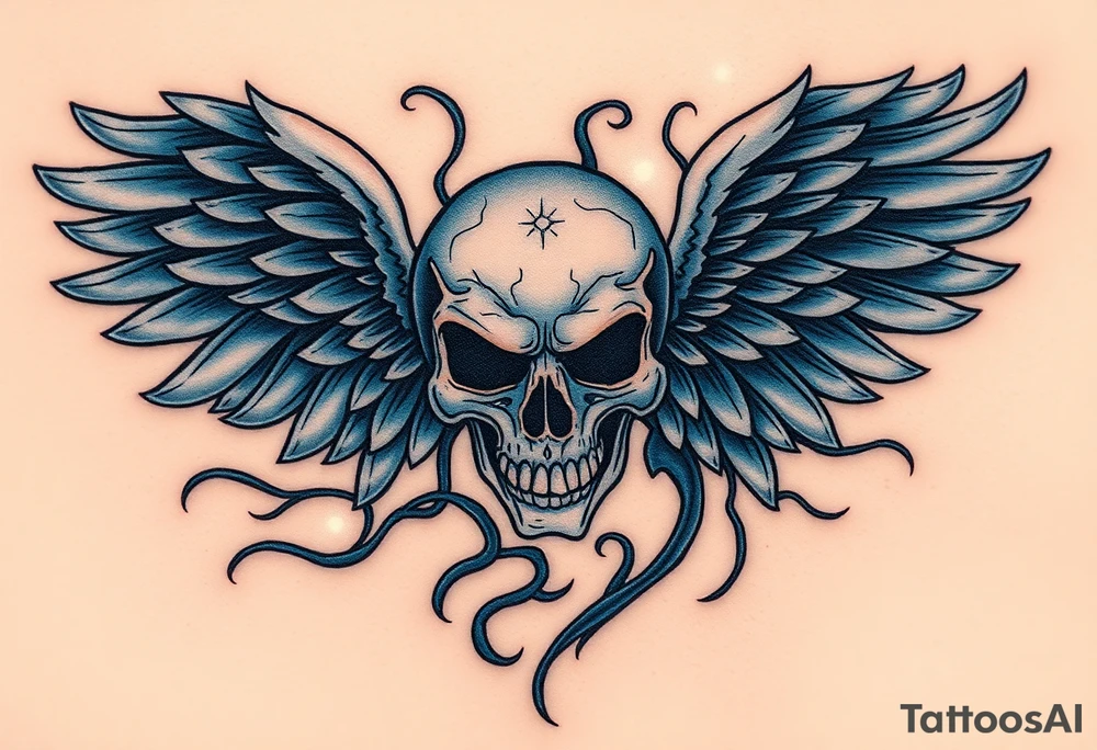 A skull-faced angel surrounded by swirling winds, colored in shades of dark blue and silver, with faint glowing orbs of light. tattoo idea