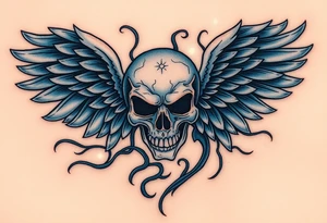 A skull-faced angel surrounded by swirling winds, colored in shades of dark blue and silver, with faint glowing orbs of light. tattoo idea