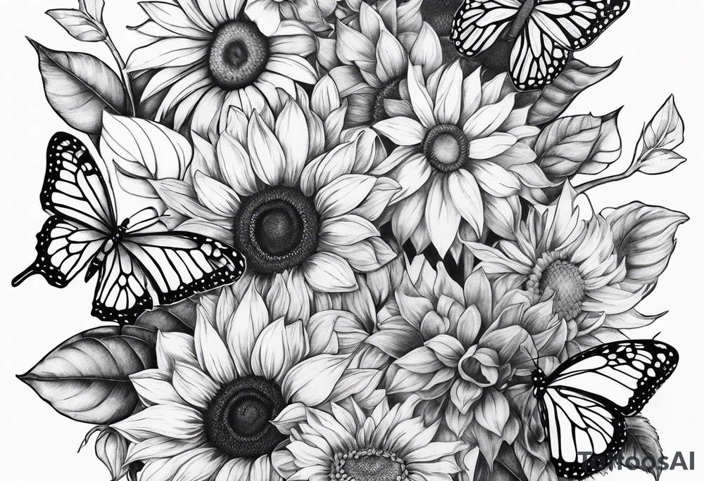 Leg sleeve with sunflowers and butterflies tattoo idea