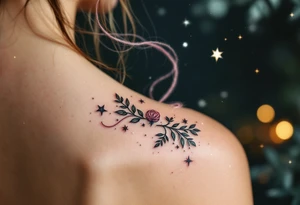 A storybook spinning wheel used for making yarn with an enchanted twist, floating mid-air, spinning thread with pinky yarn, surrounded by sparkling stars and silver dust (no glow effect). tattoo idea