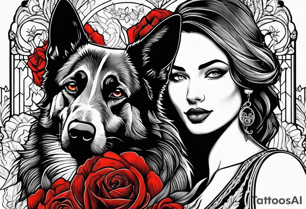 red hair woman with German shepherd dog tattoo idea