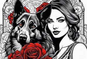 red hair woman with German shepherd dog tattoo idea