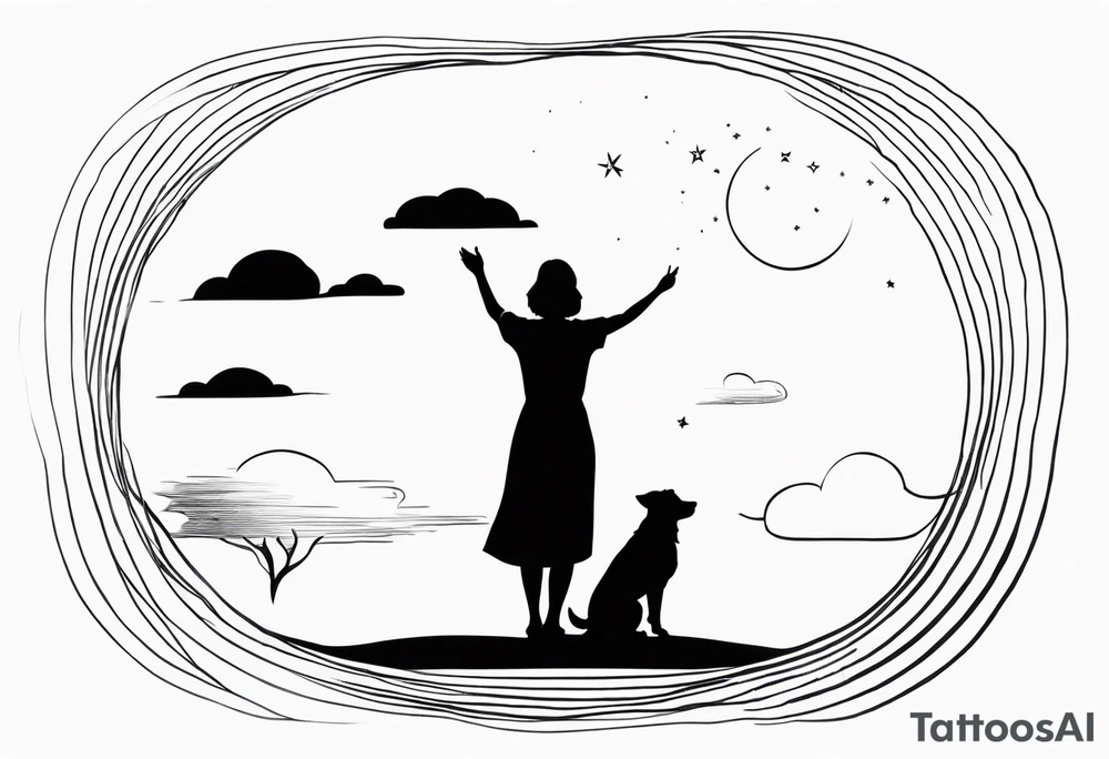 dog in the sky reaching hand of a woman and woman as her back facing us tattoo idea