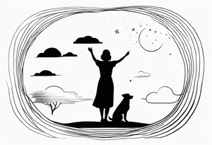 dog in the sky reaching hand of a woman and woman as her back facing us tattoo idea
