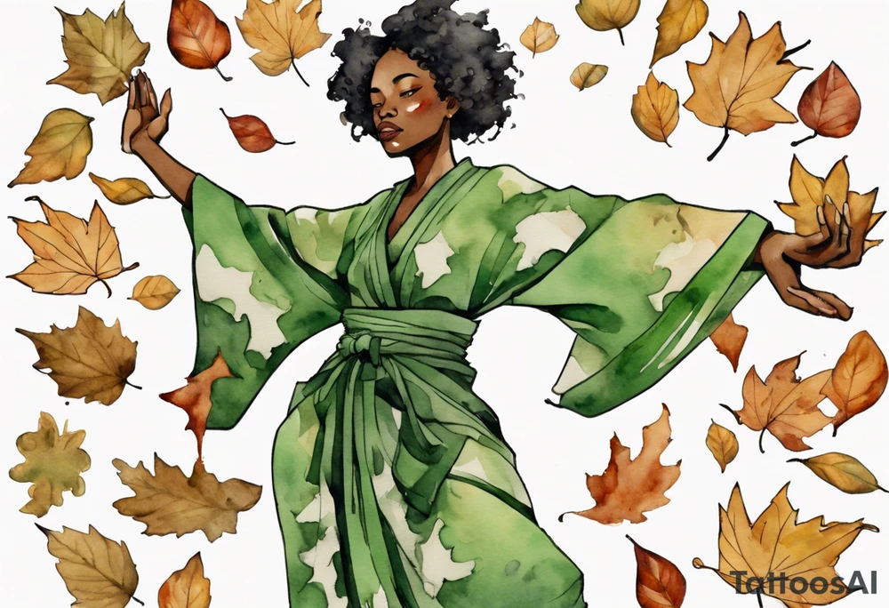a black woman standing in a pile of fallen leaves, wearing a green tunic, a tree from the waist-down, her arms raised towards the sun, tattoo idea