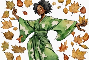 a black woman standing in a pile of fallen leaves, wearing a green tunic, a tree from the waist-down, her arms raised towards the sun, tattoo idea