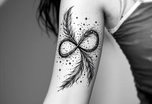 infinity symbol woven with floating feathers and stardust tattoo idea